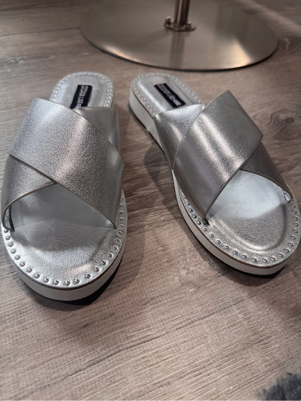 Design Lab Lord & Taylor Silver Crisscross Slide Sandals with Studded Trim